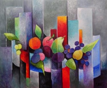 Картина под названием "corbeille-de-fruits" - Martine Woellet, Подлинное произведение искусства, Масло