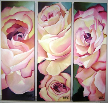 Painting titled "roses d'Automne" by Martine Woellet, Original Artwork, Oil Mounted on Wood Stretcher frame