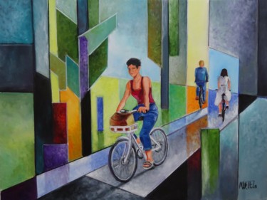 Peinture intitulée "à bicyclette" par Martine Woellet, Œuvre d'art originale, Huile