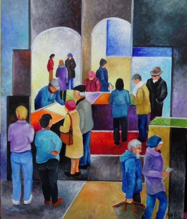 Peinture intitulée "au marché" par Martine Woellet, Œuvre d'art originale, Huile