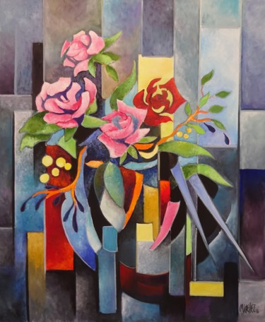 Painting titled "roses" by Martine Woellet, Original Artwork, Oil