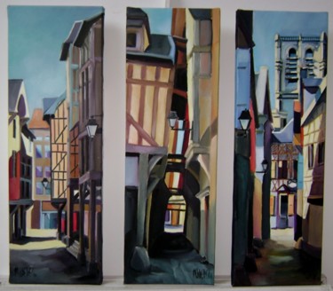 Painting titled "centre ville troyes" by Martine Woellet, Original Artwork, Oil