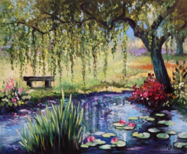 Painting titled "le banc" by Martine Woellet, Original Artwork, Oil