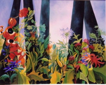 Painting titled "jardin médicinal" by Martine Woellet, Original Artwork, Oil