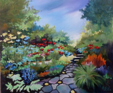 Peinture intitulée "jardin de juin" par Martine Woellet, Œuvre d'art originale, Huile