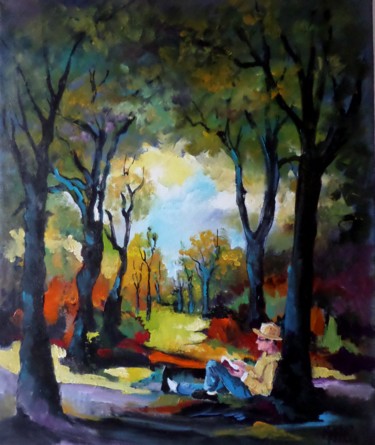 Painting titled "lecture au bois" by Martine Woellet, Original Artwork, Acrylic