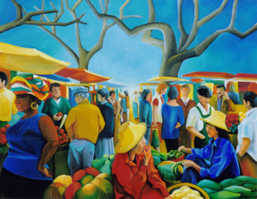 Painting titled "marché cosmopolite" by Martine Woellet, Original Artwork, Oil