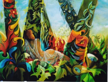 Painting titled "secrets en forêt" by Martine Woellet, Original Artwork, Oil