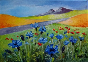 Peinture intitulée "champ de bleuets" par Martine Woellet, Œuvre d'art originale, Huile