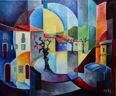 Painting titled "place des Magnans" by Martine Woellet, Original Artwork, Oil