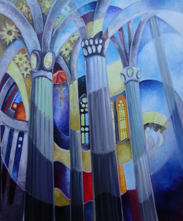 Painting titled "la Sagrada Familia" by Martine Woellet, Original Artwork, Oil Mounted on Wood Stretcher frame