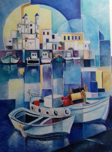 Peinture intitulée "En Grèce" par Martine Woellet, Œuvre d'art originale, Huile