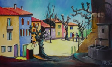 Peinture intitulée "place de Monoblet" par Martine Woellet, Œuvre d'art originale, Huile