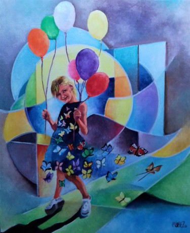 Painting titled "les ballons de Loui…" by Martine Woellet, Original Artwork, Oil Mounted on Wood Stretcher frame