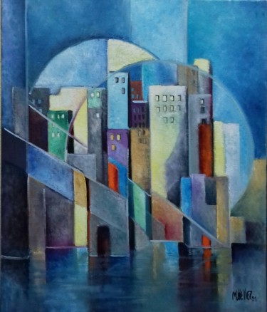 Painting titled "Une ville au loin" by Martine Woellet, Original Artwork, Oil Mounted on Wood Stretcher frame
