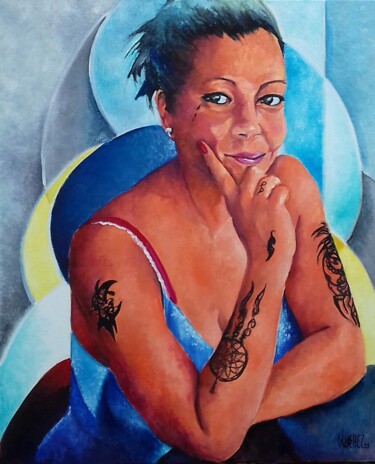 Painting titled "Ma belle tatouée" by Martine Woellet, Original Artwork, Oil