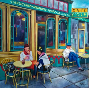 Painting titled "Au Cole café" by Martine Woellet, Original Artwork, Oil Mounted on Wood Stretcher frame