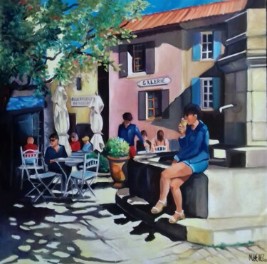 Painting titled "A Gordes" by Martine Woellet, Original Artwork, Oil Mounted on Wood Stretcher frame
