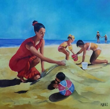 Peinture intitulée "Jeux de plage" par Martine Woellet, Œuvre d'art originale, Huile Monté sur Châssis en bois