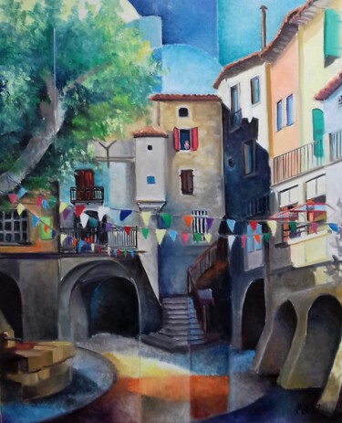 Painting titled "Place du marché à S…" by Martine Woellet, Original Artwork, Oil Mounted on Wood Stretcher frame