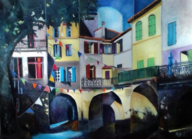 Painting titled "Place du marché à S…" by Martine Woellet, Original Artwork, Oil Mounted on Wood Stretcher frame