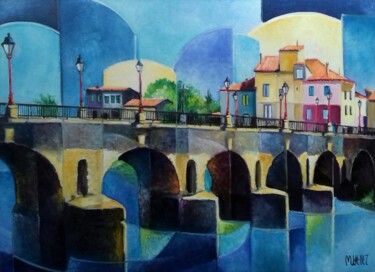 Painting titled "le pont romain de S…" by Martine Woellet, Original Artwork, Oil Mounted on Wood Stretcher frame