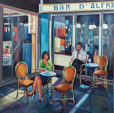 Painting titled "Le bar d'Alfred" by Martine Woellet, Original Artwork, Oil Mounted on Wood Stretcher frame