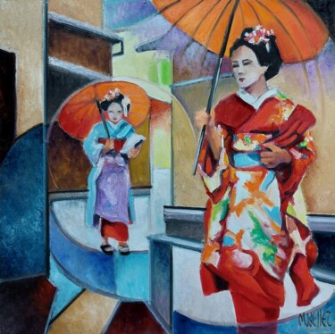 Ζωγραφική με τίτλο "geishas" από Martine Woellet, Αυθεντικά έργα τέχνης, Λάδι Τοποθετήθηκε στο Ξύλινο φορείο σκελετό
