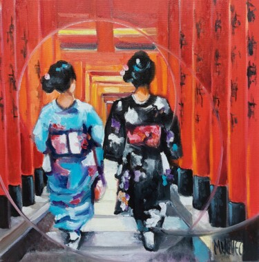 Painting titled "2 geishas" by Martine Woellet, Original Artwork, Oil Mounted on Wood Stretcher frame