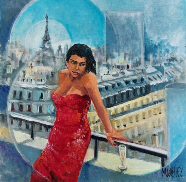 Schilderij getiteld ""soirée Parisienne"" door Martine Woellet, Origineel Kunstwerk, Olie Gemonteerd op Frame voor houten br…