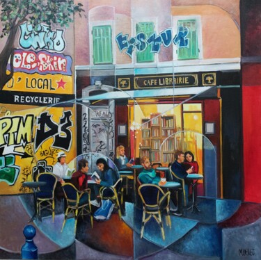 Painting titled "Café librairie à Ma…" by Martine Woellet, Original Artwork, Oil Mounted on Wood Stretcher frame