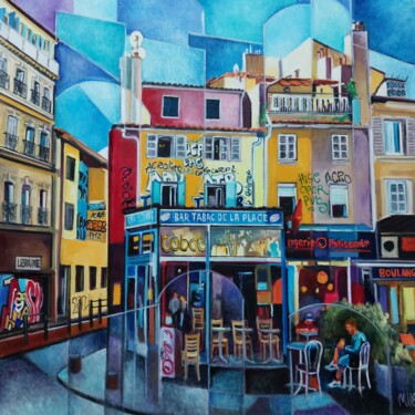 Painting titled "Bar tabac de la pla…" by Martine Woellet, Original Artwork, Oil Mounted on Wood Stretcher frame