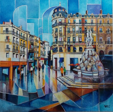 Ζωγραφική με τίτλο "Place de la comédie…" από Martine Woellet, Αυθεντικά έργα τέχνης, Λάδι Τοποθετήθηκε στο Ξύλινο φορείο σκ…