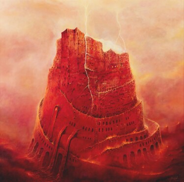 Malerei mit dem Titel "Tower of Babel" von Wojtek Malicki, Original-Kunstwerk, Öl Auf artwork_cat. montiert