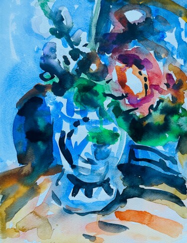 Картина под названием "Blumen in blau weiß…" - Wolfgang Schlüter, Подлинное произведение искусства, Акварель
