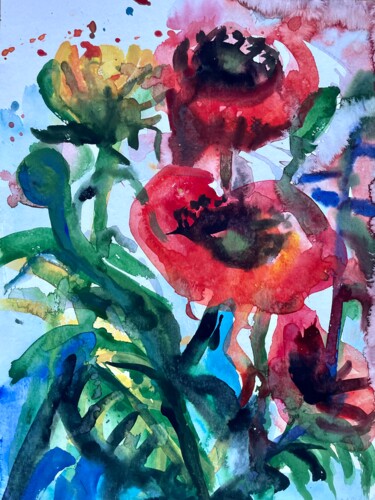 Painting titled "Roter Mohn" by Wolfgang Schlüter, Original Artwork, Watercolor