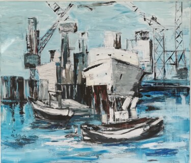 Painting titled "Hamburger Hafen" by Wolfgang Scholtz, Original Artwork, Acrylic Mounted on Wood Stretcher frame