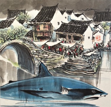 Ζωγραφική με τίτλο "Requin dans le vill…" από Wa Wong, Αυθεντικά έργα τέχνης, Μελάνι