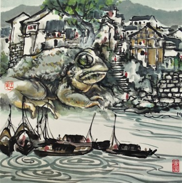 Pintura intitulada "Grenouille surréali…" por Wa Wong, Obras de arte originais, Tinta