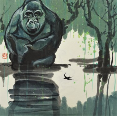 Pittura intitolato "Gorille sous la plu…" da Wa Wong, Opera d'arte originale, Inchiostro