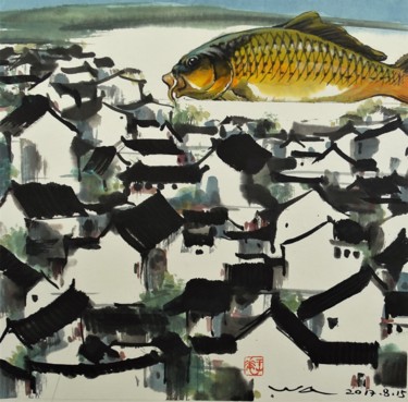 Schilderij getiteld "Poisson géant" door Wa Wong, Origineel Kunstwerk, Inkt