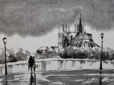 "Notre Dame de Paris" başlıklı Tablo Wa Wong tarafından, Orijinal sanat, Mürekkep