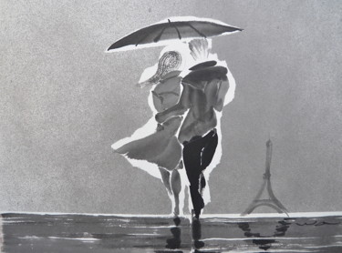 Painting titled "Couple à la Tour Ei…" by Wa Wong, Original Artwork, Ink