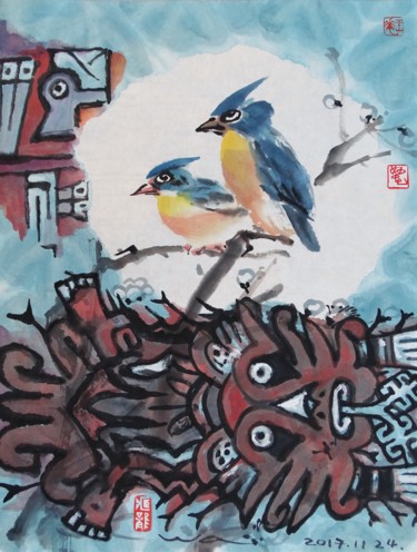 Pittura intitolato "Oiseaux & Mayas" da Wa Wong, Opera d'arte originale, Inchiostro