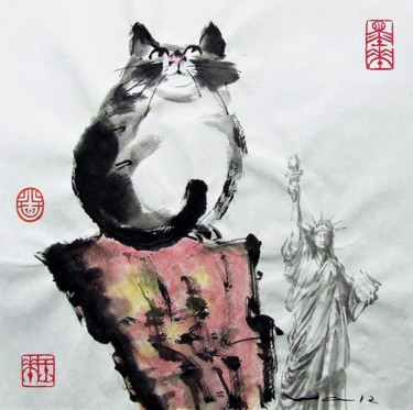 Peinture intitulée "Le vieux chat qui v…" par Wa Wong, Œuvre d'art originale, Encre