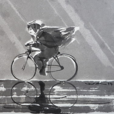 Peinture intitulée "Fille à bicyclette" par Wa Wong, Œuvre d'art originale, Encre