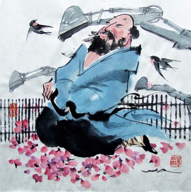 Schilderij getiteld "Démolition de force" door Wa Wong, Origineel Kunstwerk, Inkt