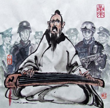 Pintura intitulada "Le musicien" por Wa Wong, Obras de arte originais, Tinta