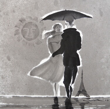 Schilderij getiteld "Couple sous la pluie" door Wa Wong, Origineel Kunstwerk, Inkt