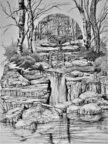 Disegno intitolato "De cascade en casca…" da Lynn Vaillancourt, Opera d'arte originale, Inchiostro
